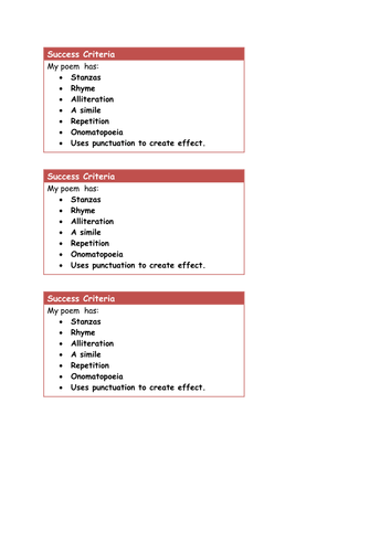 Poetry - Success Criteria 3 way differentiation.