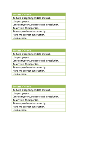 Mystery Story - Success Criteria 3 way differentiation.