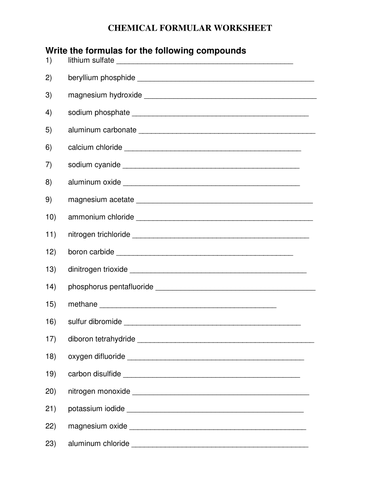 CHEMICAL FORMULA WORKSHEET WITH ANSWERS