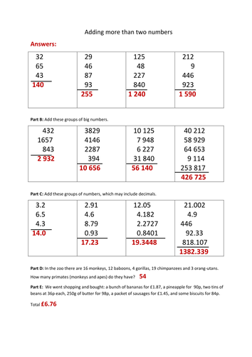 column addition practice adding 3 4 or 5 numbers teaching resources