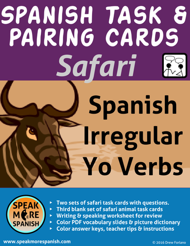 Spanish Task & Pairing Cards * Irregular YO Form Present Verbs *SAFARI* Presente Verbos Irregulares