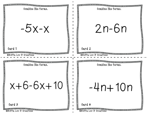 Free Download - Combining Like Terms Task Cards | Teaching Resources
