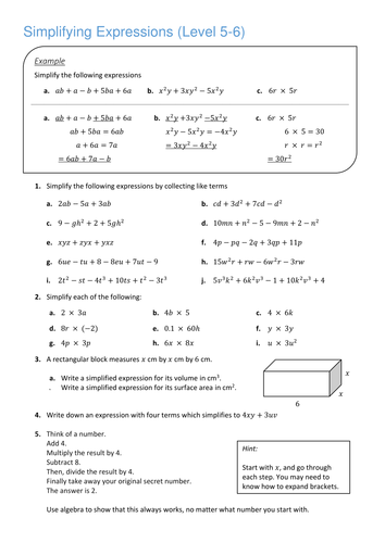 Simplifying Expressions (Level 5-6) | Teaching Resources