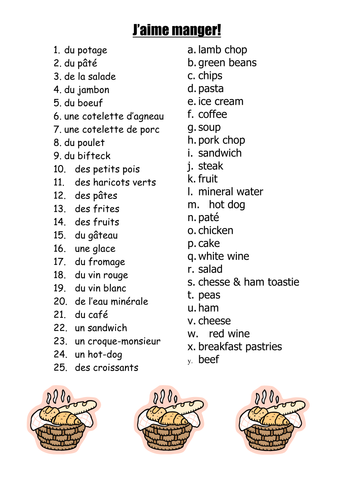 French Food Vocab Match To English Teaching Resources