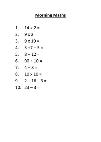 Morning maths activities - year 2/3/4 depending on ability - 36 sessions = Autumn 1