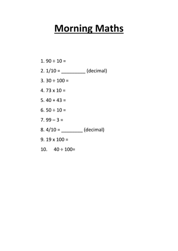 Morning maths activities - year 2/3/4 depending on ability - 31 sessions = Spring 1