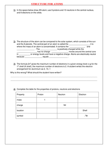 STRUCTURE OF ATOMS WORKSHEET WITH ANSWERS