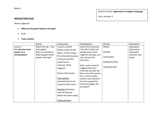 Week three spoken language study KS3 KS4 What are the genre features of soaps?