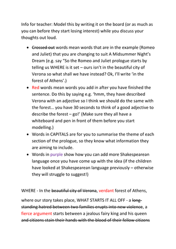 Model for writing A Midsummer Night's Dream prologue including detailed teacher instructions