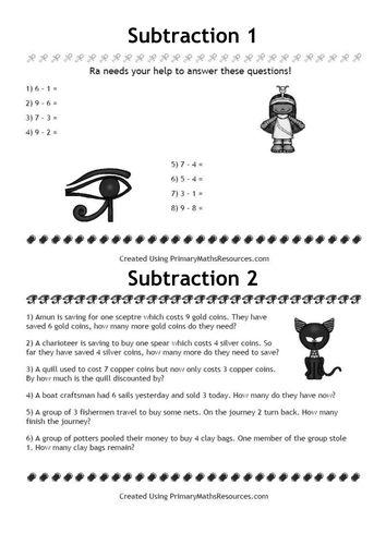 Ancient Egyptian Themed Subtraction Worksheets | Teaching Resources