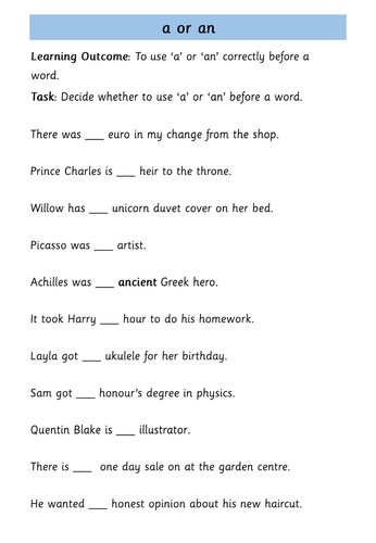 Indefinite Articles - 'a' or 'an' - Worksheets | Teaching Resources