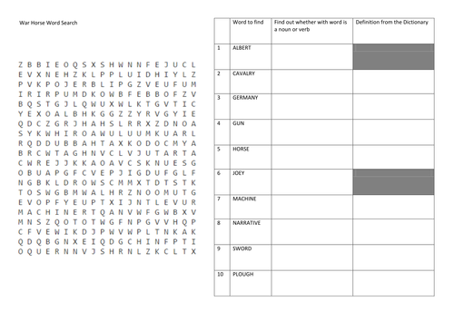 War Horse word search verbs and nouns