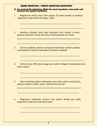 Chemical Word Equations Worksheets