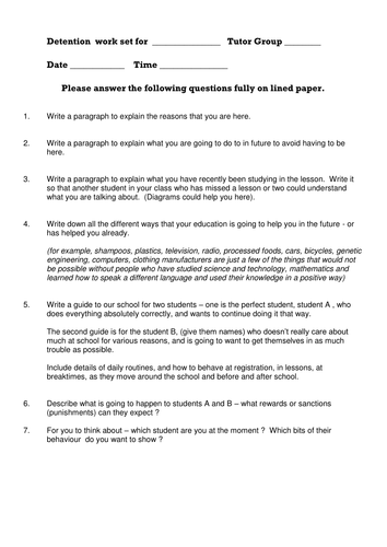 Generic Detention Work for 11-16 pupils