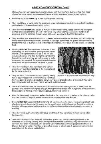 Information sheet - A day at a concentration camp. For lessons on the Holocaust.