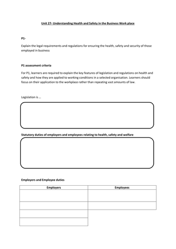 BTEC Level 3 Business Studies Unit 27 Health and Safety P1 M1