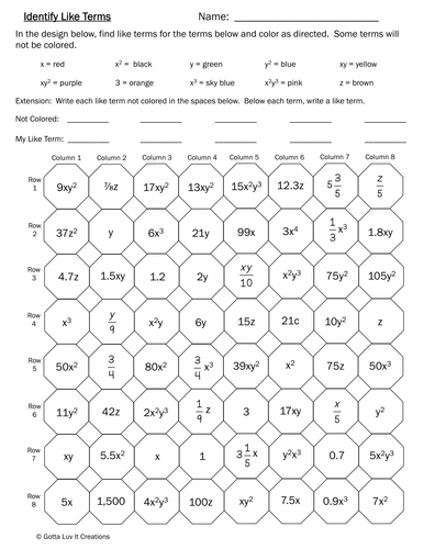 Identify Like Terms Coloring Page Activity | Teaching Resources