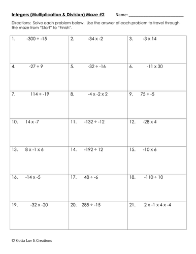 Integers Multiplication & Division Mixed Practice - 2 Mazes | Teaching ...