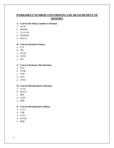 WORKSHEET-NUMBER CONVERSIONS AND MEASUREMENT OF MEMORY