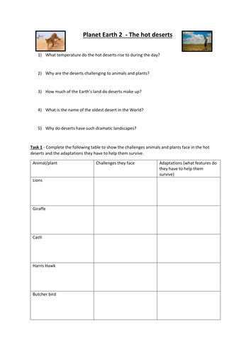 Hot deserts - Planet Earth 2 - Worksheet