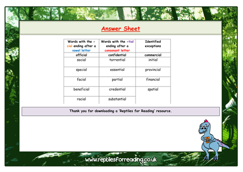 Endings which sound like /ʃəl/ - spelt ‘cial’ or ‘tial’ - word search