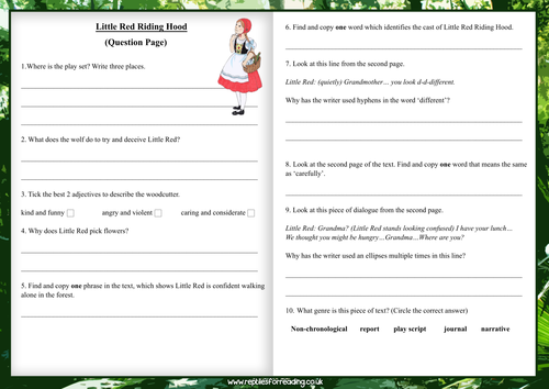 Little Red Riding Hood play script extract with a variety of comprehension questions KS2 ...