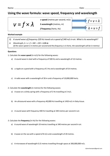 Gcse Physics Wave Speed Equation Practice Wavespeed Frequency X Wavelength Teaching Resources 5744