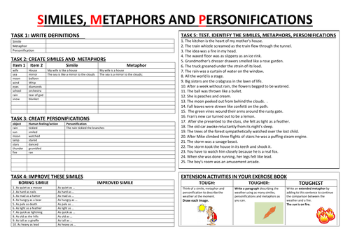 Similes, metaphors, alliteration worksheets