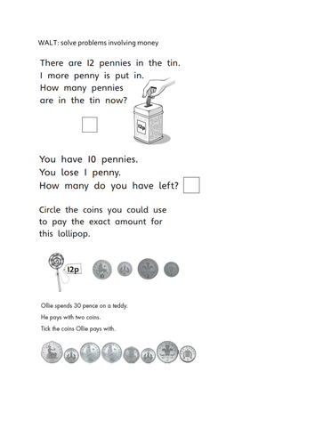 year 1 money worksheets maths mastery questions teaching resources