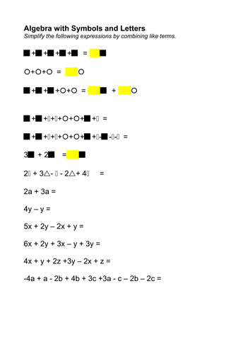 Algebra Various Introductory Easy Worksheets Teaching Resources