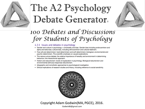 The Psychology Debate Generator (Psychology A2) "Issues, debates and Approaches" [revision, AfL]
