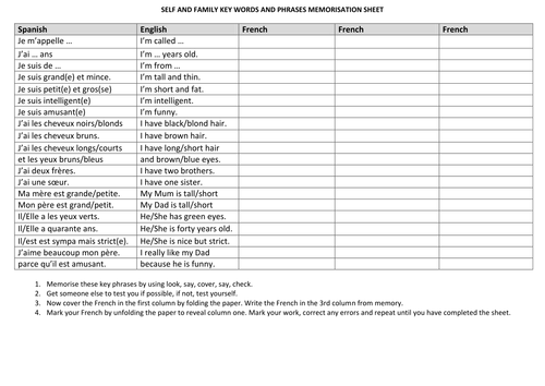 French Key Phrases on Family - Vocabulary Memorisation