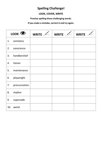 Spelling Challenge - Look, Cover, Write - Extra Hard Words KS3, KS4