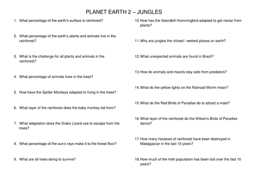 Planet Earth 2 - Jungles / Tropical Rainforest Worksheet | Teaching