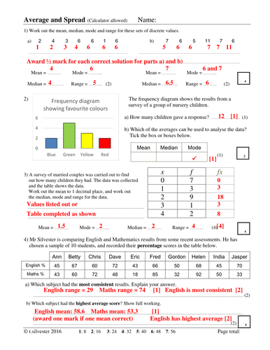 Averages and range homework or revision resource