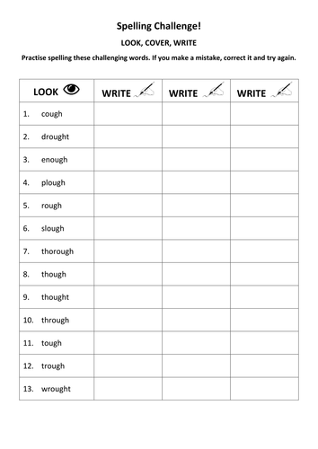 KS3 Spelling Practice - Look, Cover, Write - Words with 'ough'