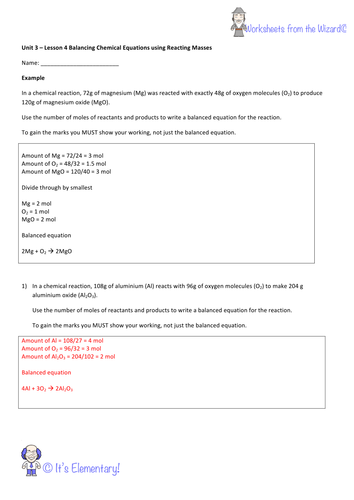 Aqa Gcse Unit 3 Chemistry Worksheet Balancing Equations Using Reacting Masses Teaching Resources