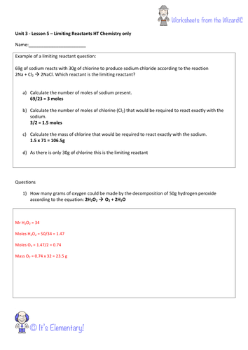 AQA GCSE unit 3 chemistry worksheet - moles calculations to determine ...