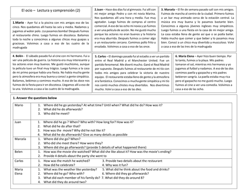 KS3/4 Spanish - Narrow reading texts with activities on leisure (preterite + imperfect)