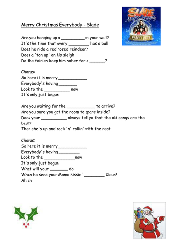 Esol Christmas Listening Slade Merry Christmas Lyrics Gap Fill And Suggested Activities Teaching Resources