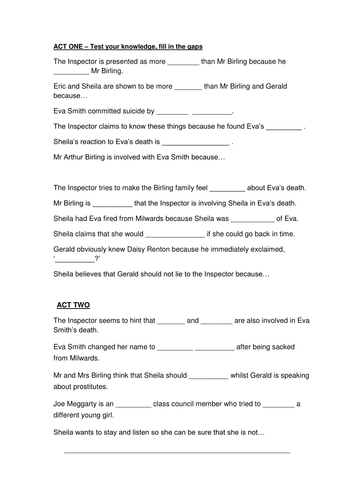 An Inspector Calls cloze (fill in the gaps) worksheet | Teaching Resources