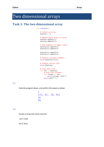 2d Arrays (lists) practical for GCSE Computer Science using Python