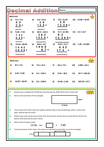 Decimal Addition Worksheet