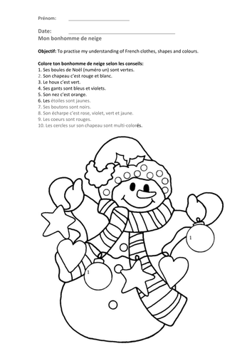 Worksheet - Snowman and Christmas tree - Colouring according to French numbers and shapes - KS1/KS2