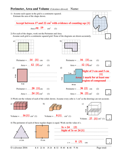 Perimeter, Area and Volume homework or revision resource