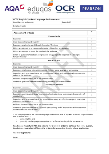 New Specification GCSE English Spoken Language Endorsement Speaking 