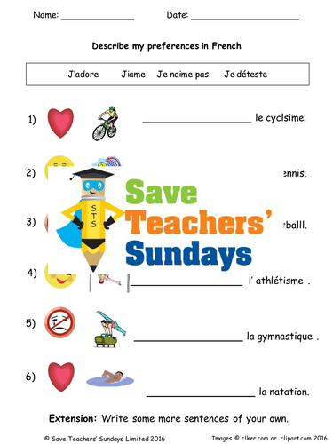 French Likes & Dislikes (Sports) Lesson Plan, PowerPoint (with audio) Cards & Activity