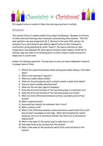 Christmas Higher Chemistry Unit 2 Candles Worksheet