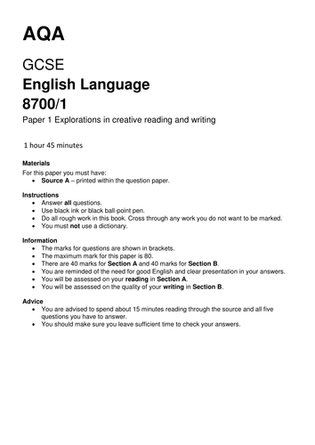 AQA GCSE English Language (8700) Paper 1 - Preparing and Revising with ...