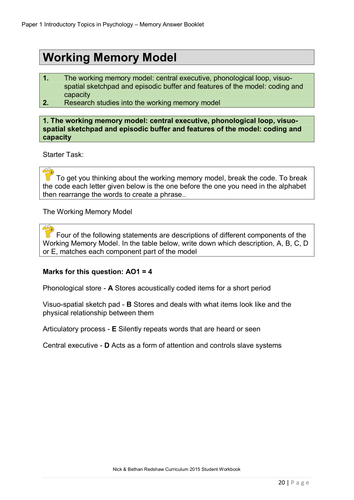 Workbook Answers - The Working Memory Model of Memory | Teaching Resources